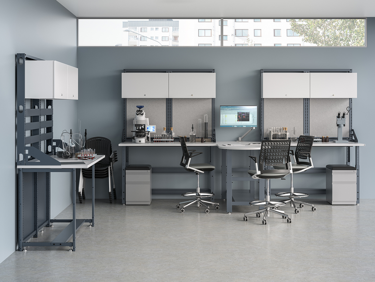 Dual workbench system with upper organizer environment Dual workbench system with upper organizer environment
