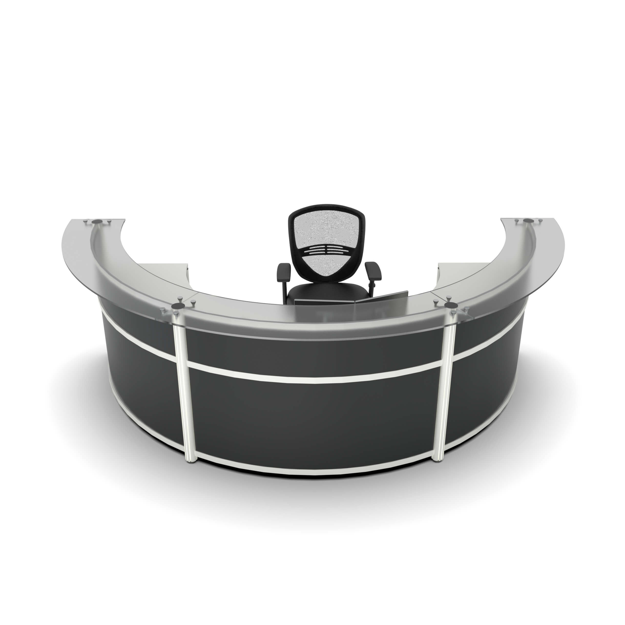 Curve round reception desk with glass transaction top front view Curve round reception desk with glass transaction top front view