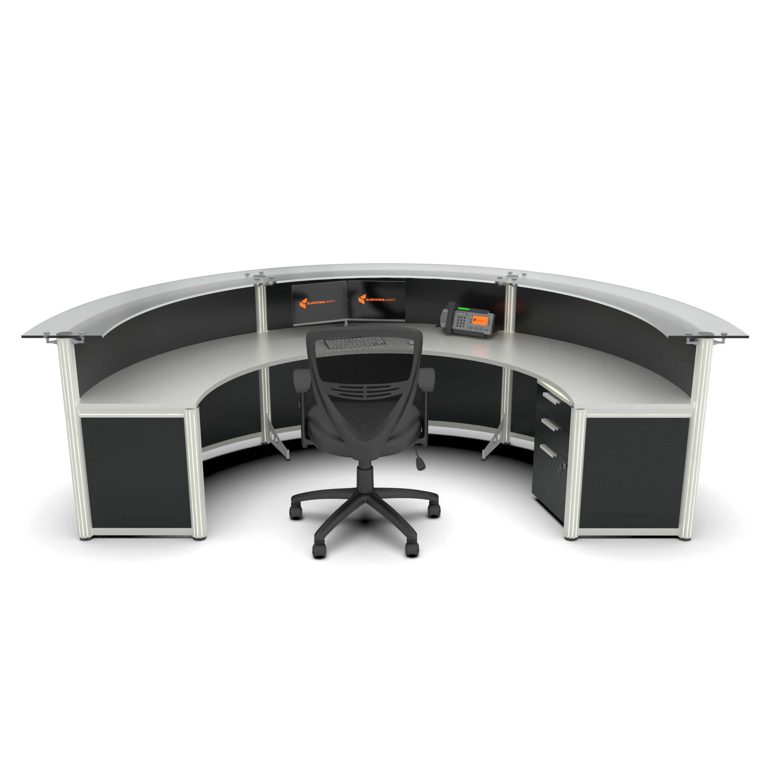 Curve round reception desk with glass transaction top inside view Curve round reception desk with glass transaction top inside view