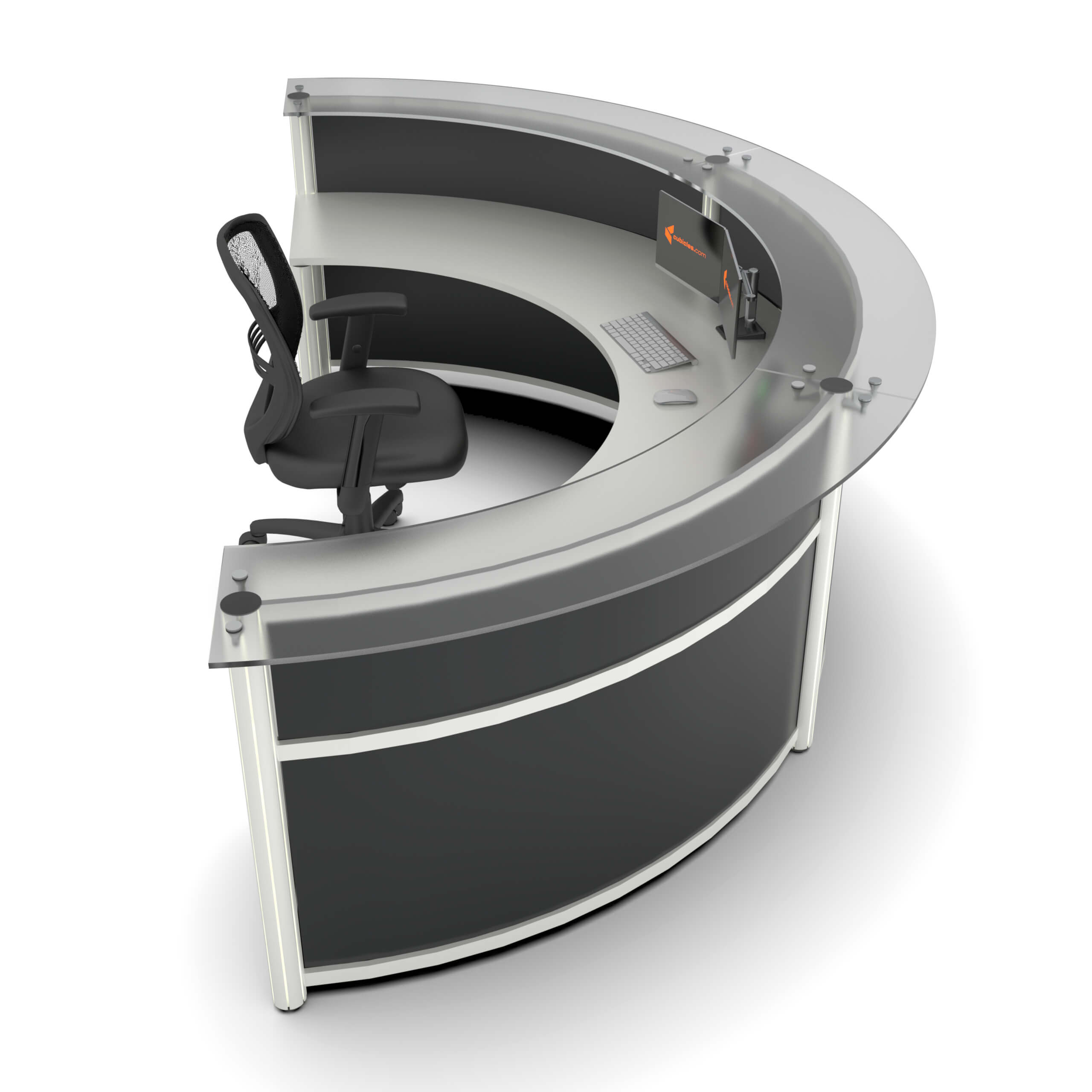 Curve round reception desk with glass transaction top lateral right view Curve round reception desk with glass transaction top lateral right view