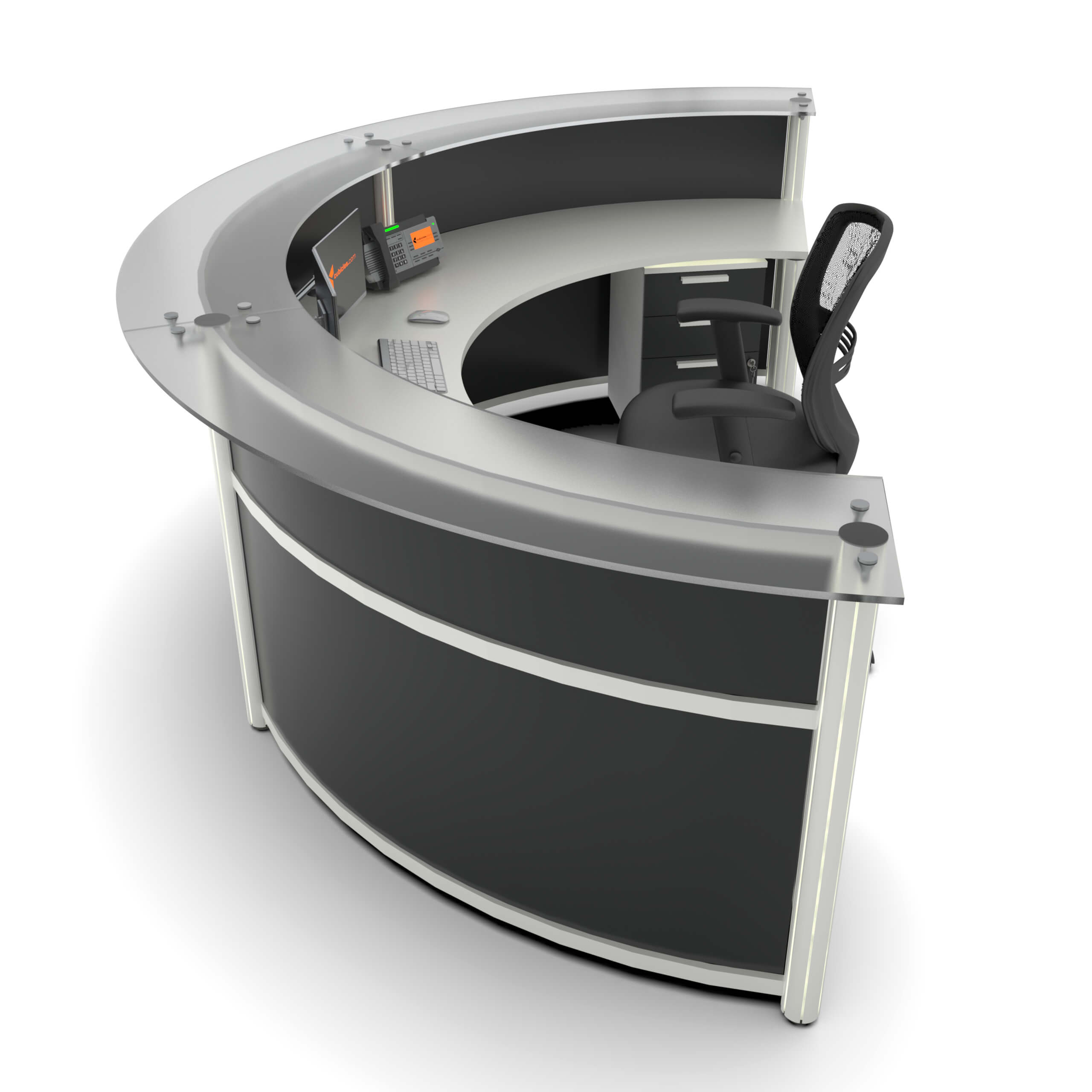 Curve round reception desk with glass transaction top lateral view Curve round reception desk with glass transaction top lateral view