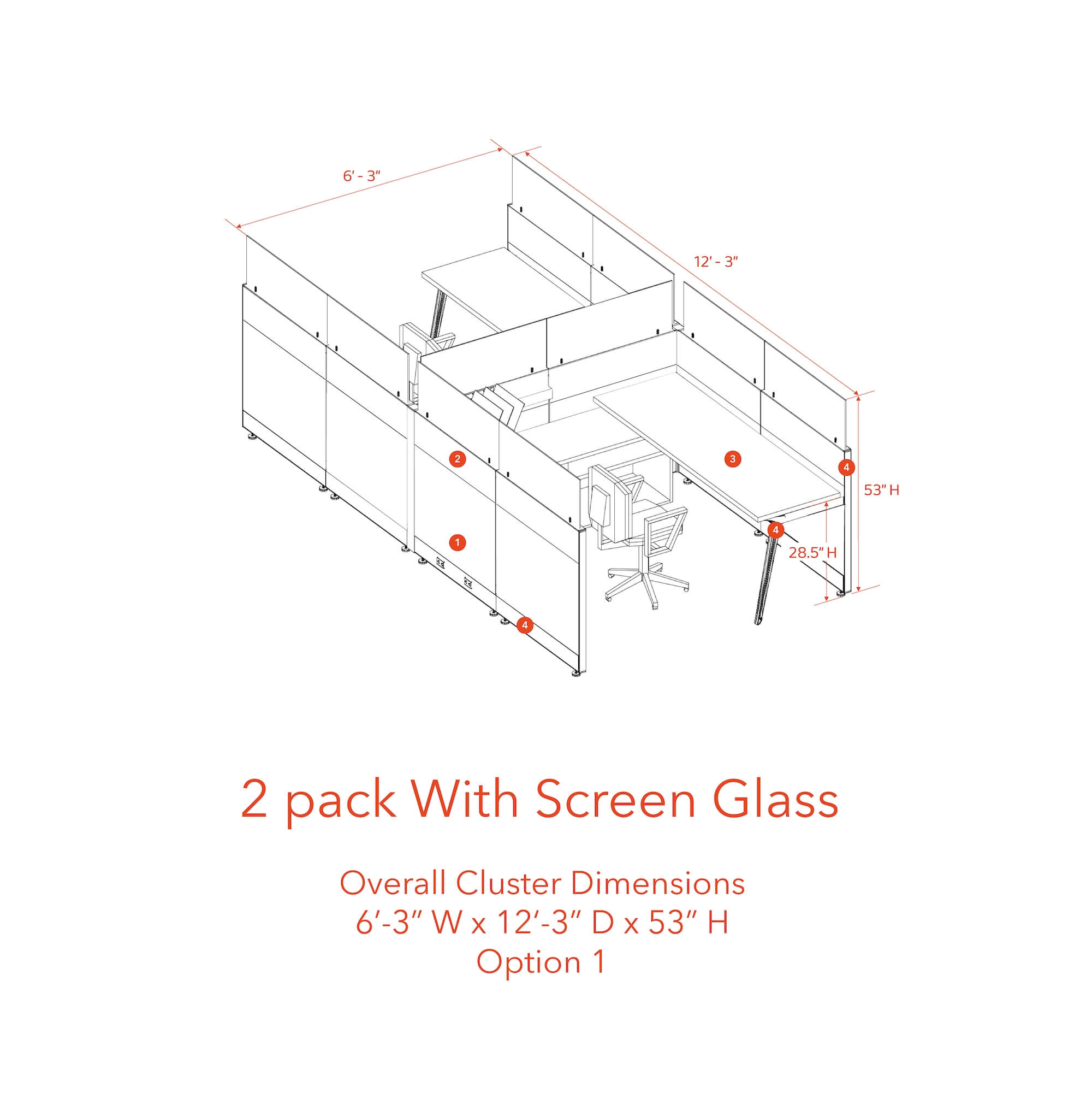 Modern cubicles tapered legs 2 pack with screen glass opt 1 53H Modern cubicles tapered legs 2 pack with screen glass opt 1 53H
