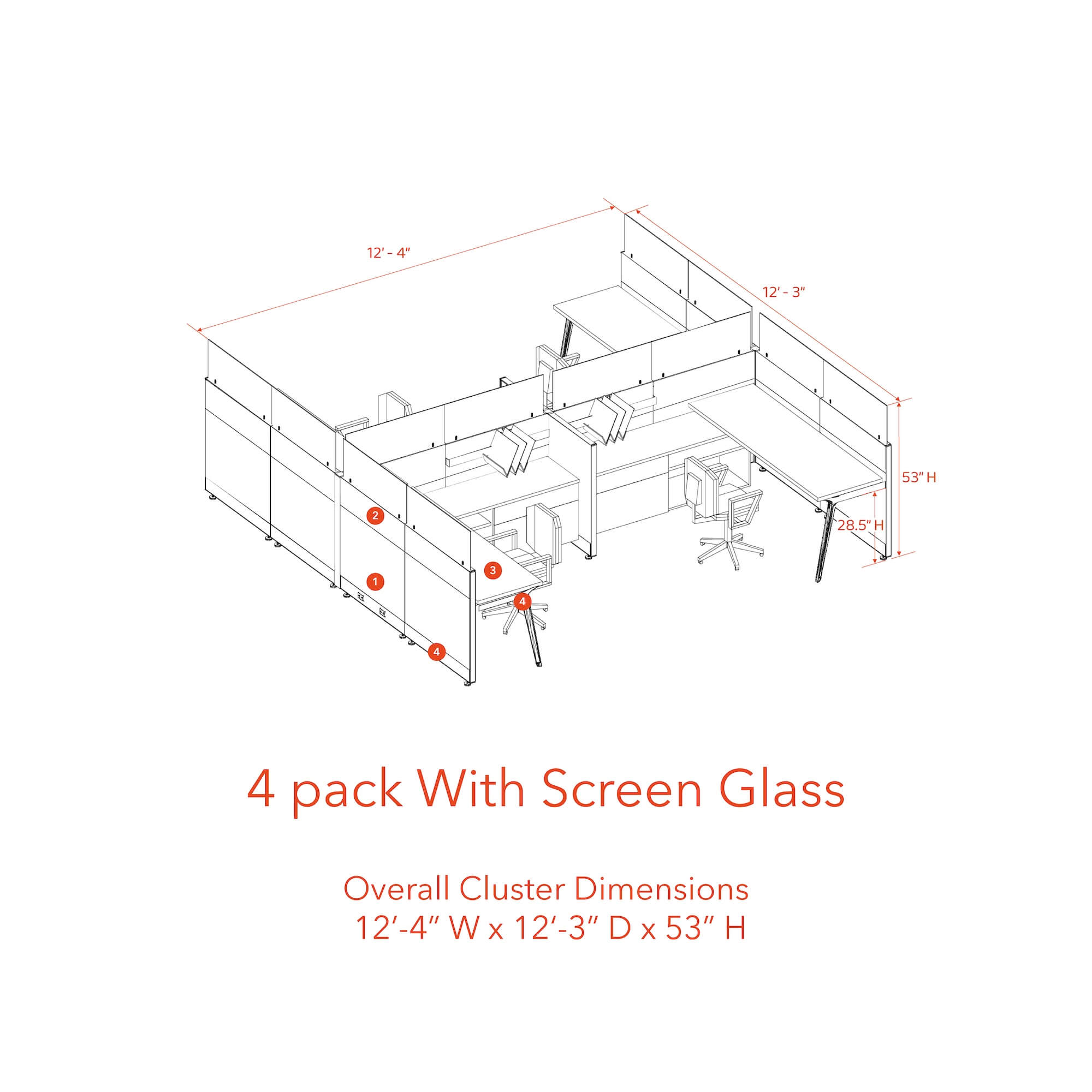 Modern cubicles tapered legs 4 pack with screen glass 53H Modern cubicles tapered legs 4 pack with screen glass 53H