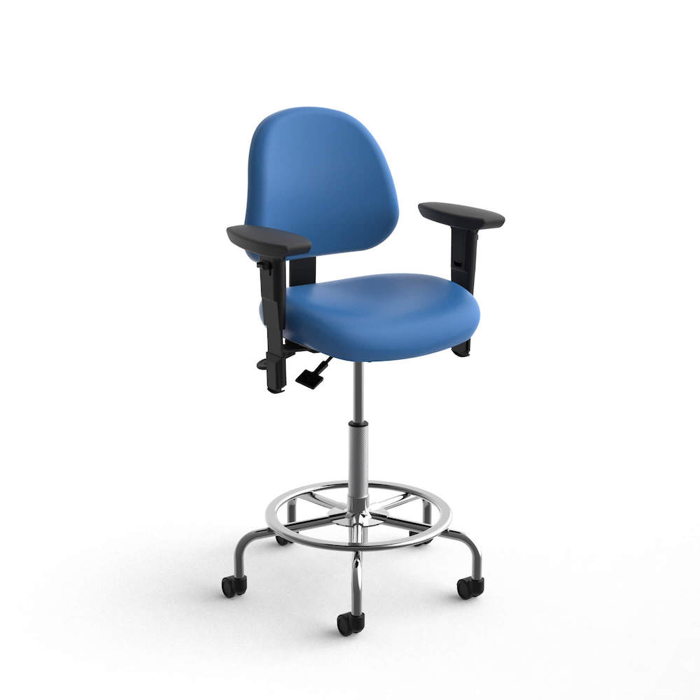 Office chair for standing desk ergonomic stool for standing desks lab stool adjustable bright blue arm rotated angle view Office chair for standing desk ergonomic stool for standing desks lab stool adjustable bright blue arm rotated angle view