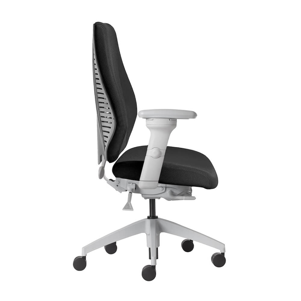 Office furniture chairs office desk chairs high back office chair ergonomic light gray frame and black fabric side view Office furniture chairs office desk chairs high back office chair ergonomic light gray frame and black fabric side view