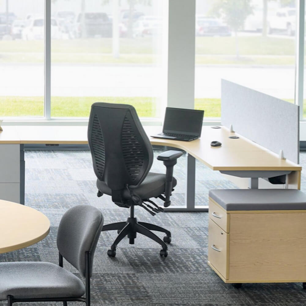 Office furniture chairs office desk chairs high back office chair ergonomic midnight black frame and black fabric workspace view Office furniture chairs office desk chairs high back office chair ergonomic midnight black frame and black fabric workspace view
